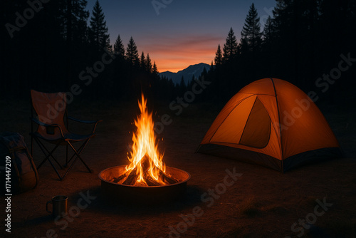 Cozy camping atmosphere at dusk with glowing campfire, illuminated orange tent, backpack and chair surrounded by pine trees under a twilight sky, 16:9 cinematic view