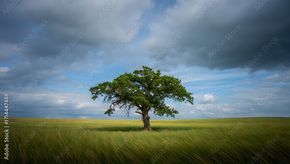 Obraz premium Serene solitary oak tree in a vast green field under a dramatic sky.