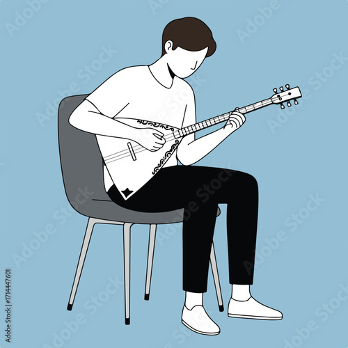 Person playing a triangular balalaika, sitting in a gray chair on a light blue background
