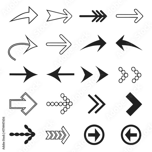 Collection of black and white arrow icons pointing in various directions and styles symbol graphic