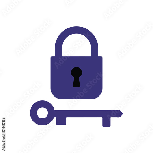 An indigo padlock and horizontal key icon sits on white background in simple vector style