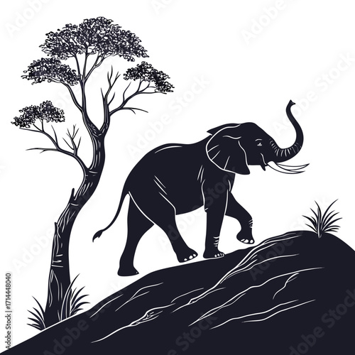 A majestic silhouette of an african elephant walking across a rocky landscape with a stylized acacia tree and sparse grass against a white background in a minimalist graphic art style