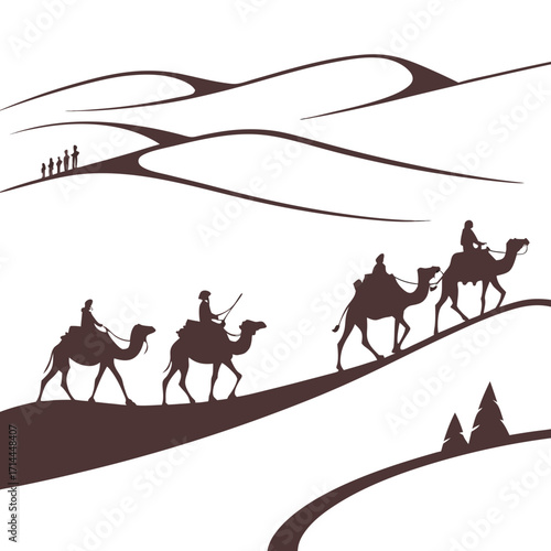 A caravan of camels with riders traverses vast desert sand dunes under a clear sky symbolizing travel adventure and exploration across arid landscapes
