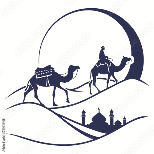 Silhouette of two camels with riders traversing desert dunes under a crescent moon with a distant islamic mosque skyline symbolizing travel and culture