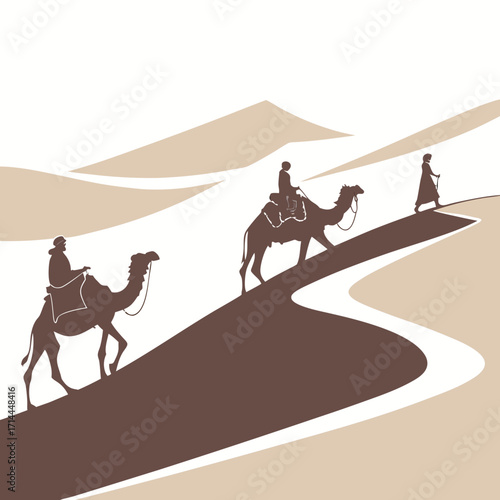 Silhouettes of three figures on camels journeying across a stylized desert landscape with rolling sand dunes under a pale sky representing travel and adventure