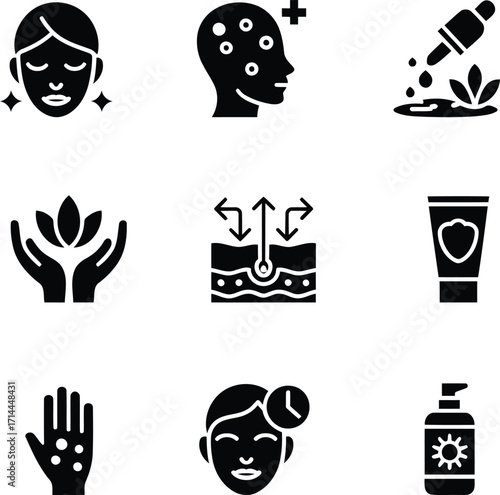 Effective Skincare and Dermatology Treatment Icons Collection Symbols Representing Facials Serums Acne Skin Hydration Skin Conditions Sunscreen and Other Essential Elements for Healthy Skin