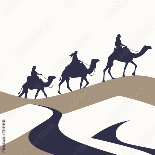 Three silhouetted figures ride camels in a procession across a stylized desert landscape with undulating sand dunes and a winding path under a pale sky