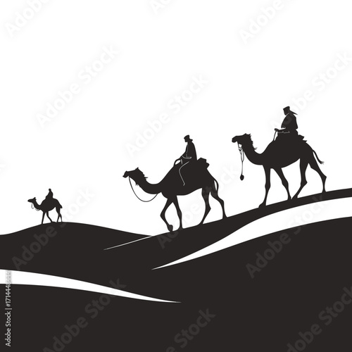 Silhouette of three camels with riders traversing sand dunes in a desert landscape under a vast white sky symbolizing travel and journey