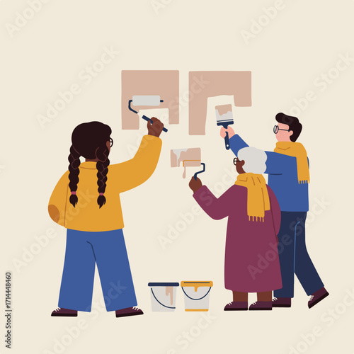 Diverse group painting wall with rollers and brush; buckets of paint sit at the bottom
