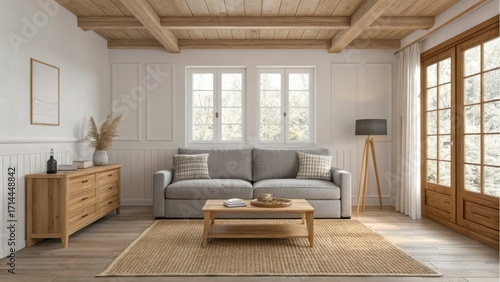 Cozy living room with sofa, coffee table, and wooden accents