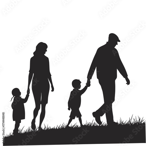 A loving family of four a mother father and two children walk hand in hand across a grassy field under a clear sky symbolizing unity and togetherness