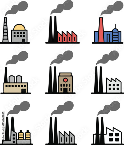 Industrial Pollution Vector Illustration Set Depicting Factories with Smoke Stacks on Transparent Backdrop