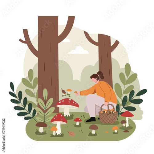 Illustration of a woman picking mushrooms in a forest, with basket, trees and foliage
