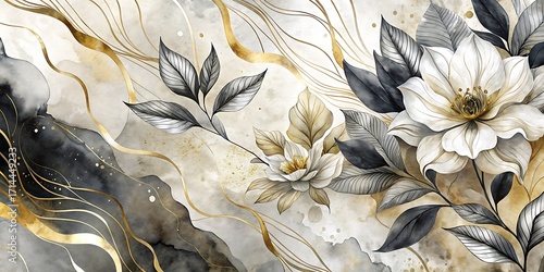 Abstract floral art with white magnolias gold lines and dark watercolor textures flower