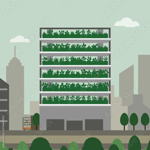 Green building with plants, rooftop farm concept in cityscape, modern, sustainable architecture