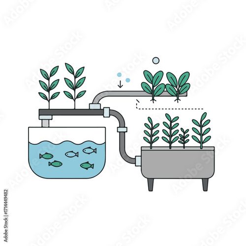 Illustrated aquaponics system showing a fish tank connected to plant growing containers by pipes