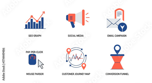 Marketing strategy icons displaying seo graph social media and email campaigns on a white background