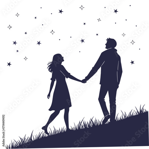 Silhouette of a loving couple holding hands and walking uphill under a starry night sky with a gentle breeze blowing the woman s hair and the grass