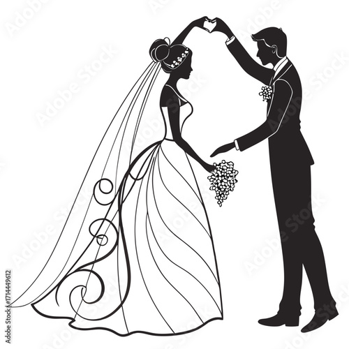Elegant silhouette of a bride and groom dancing together forming a heart shape with their hands above their heads celebrating their wedding day with love and joy
