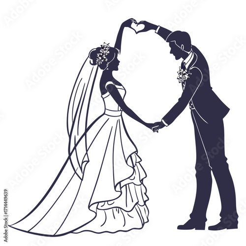 Elegant silhouette of a bride and groom holding hands and forming a heart shape with their hands above their heads celebrating their wedding day