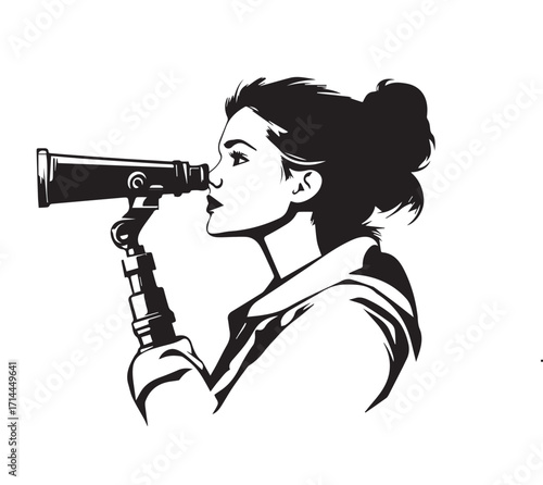 silhouette of a woman with a telescope.