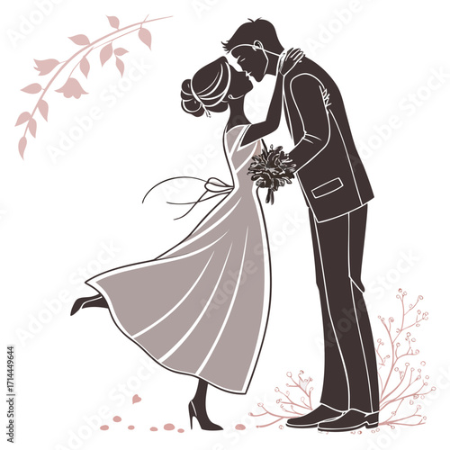 Elegant silhouette of a bride and groom sharing a tender kiss on their wedding day surrounded by delicate floral accents and falling petals symbolizing love and romance