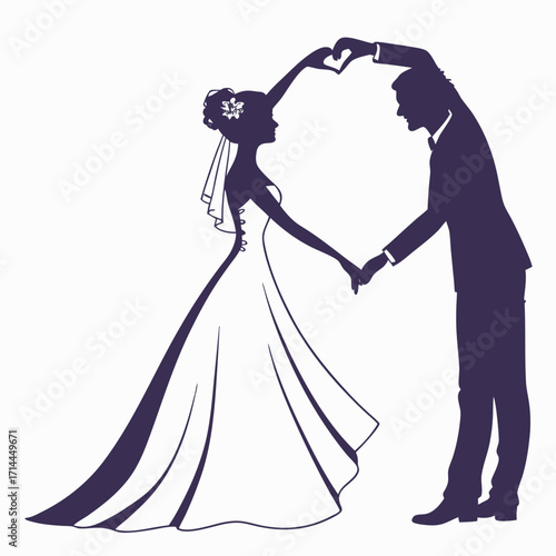 Elegant silhouette of a bride and groom holding hands and forming a heart shape with their arms symbolizing love and commitment on their wedding day