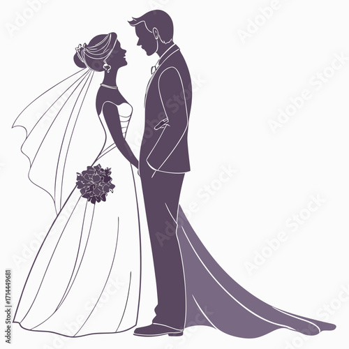 Elegant silhouette of a bride and groom looking at each other on their wedding day holding a bouquet and standing against a white background with a flowing veil and train