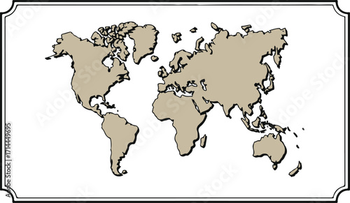 Detailed World Map Illustration with Border, Geographic Representation of Continents and Oceans