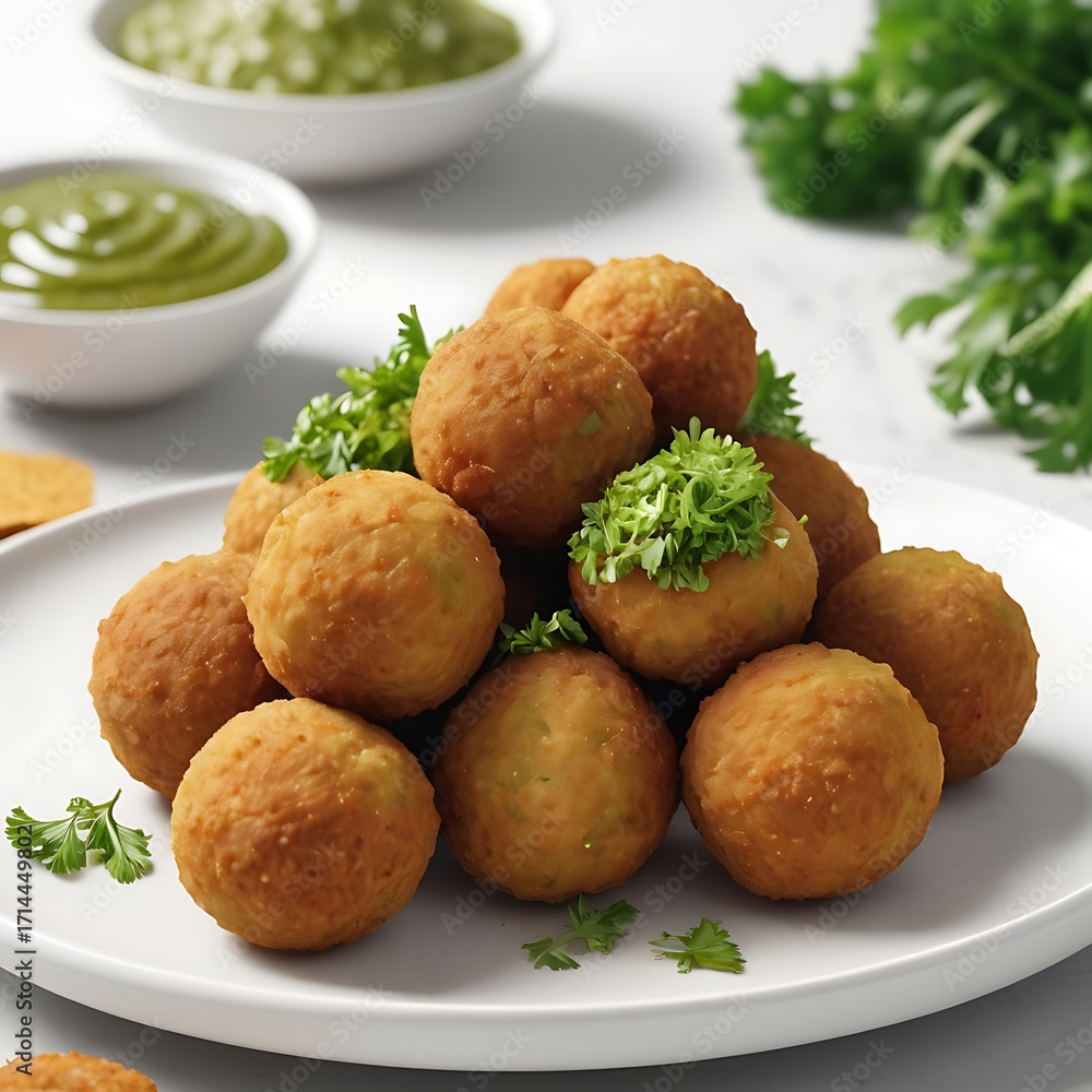 Fototapeta premium Plate of fried falafel balls and parsley leaves isolated on white background.
