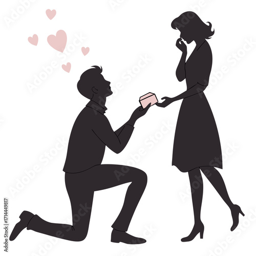 A romantic silhouette of a man on one knee proposing to a woman with a gift box and pink hearts floating above them symbolizing love and commitment