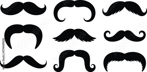Collection of varied mustache silhouettes on white background diverse styles