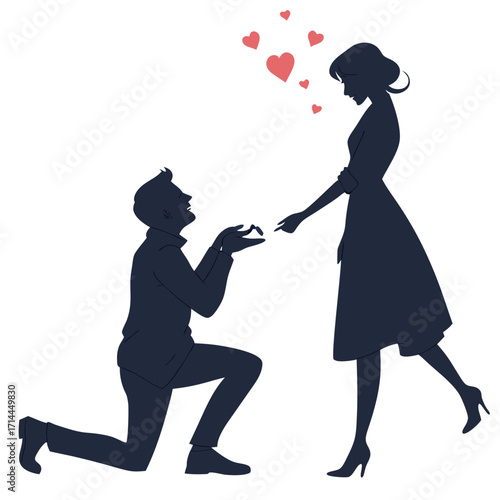 Silhouette of a man proposing marriage on one knee to a woman holding out her hand with red hearts floating above them symbolizing love and commitment
