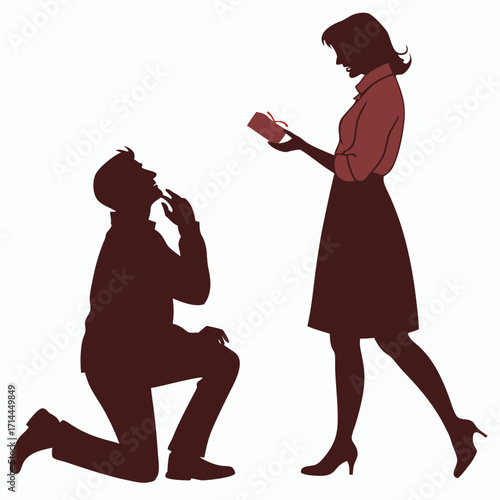 A man kneels on one knee offering a small gift to a woman who stands and accepts the present with a thoughtful expression on her face