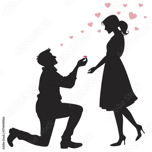 A romantic silhouette of a man on one knee proposing marriage to a woman with a diamond ring surrounded by pink hearts on a white background