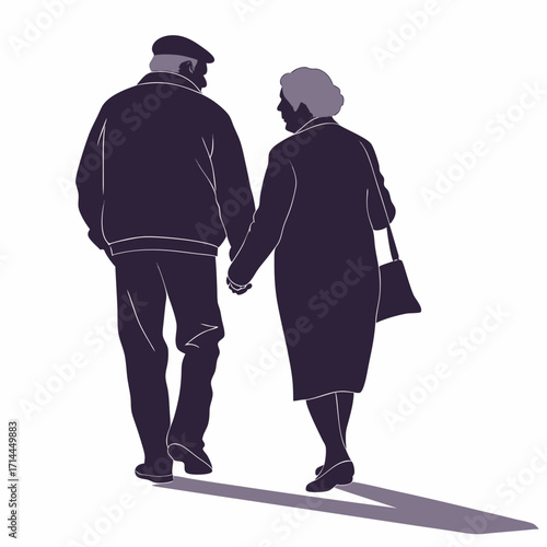 A loving elderly couple walks hand in hand their silhouettes casting long shadows representing enduring companionship and a lifetime of shared memories