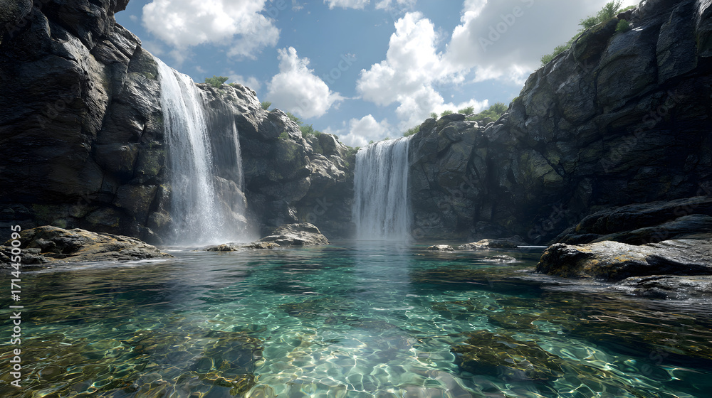 Naklejka premium Majestic waterfalls cascading into a serene pool surrounded by rocky cliffs scenic natural landscape with clear water reflecting the sky for travel destination or nature escape