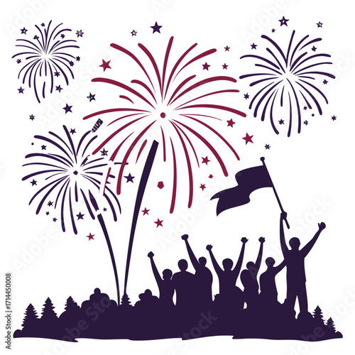 Celebration crowd with arms raised in triumph and excitement watching a vibrant fireworks display explode in the night sky above a silhouetted forest and flag