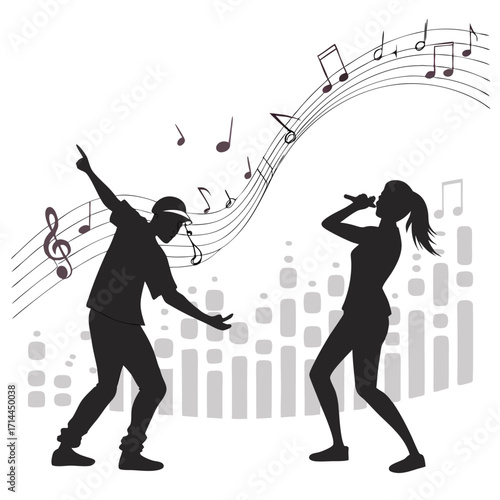 Dynamic silhouettes of a male rapper and a female singer performing on stage with musical notes and an equalizer graphic in the background
