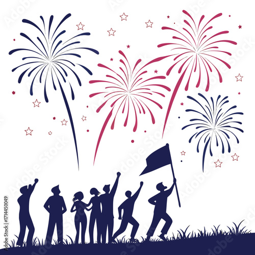 A diverse group of silhouetted people celebrate a patriotic event with fireworks and a flag under a starry night sky symbolizing unity and national pride