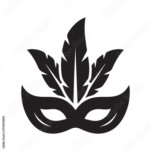 Black Silhouette of a Feathered Masquerade Mask, Flat Vector Icon