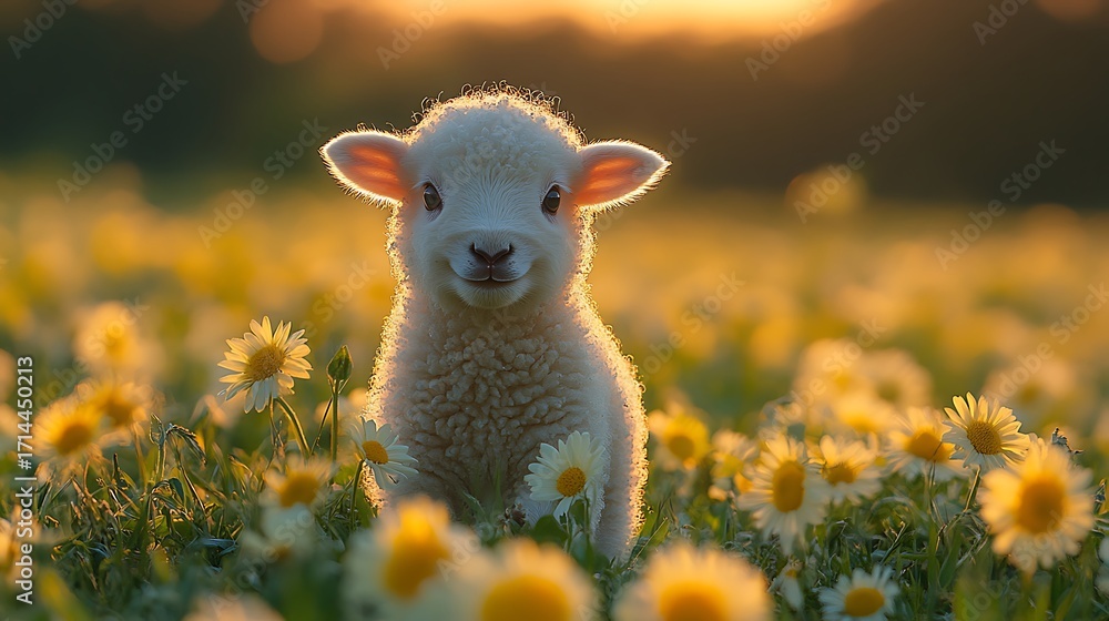 Obraz premium Lamb in a field of flowers at sunset