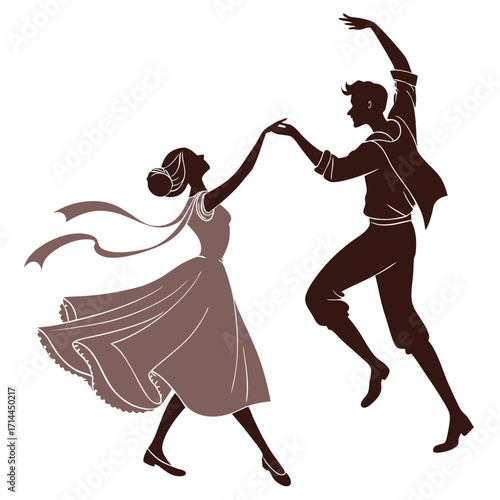 Elegant silhouette of a couple dancing gracefully in vintage attire a woman in a flowing dress and a man in classic clothing captured in a moment of joyful movement and romantic connection