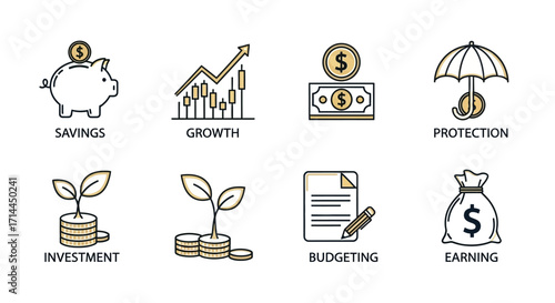 Financial concept icons depicting savings growth protection investment budgeting and earning money