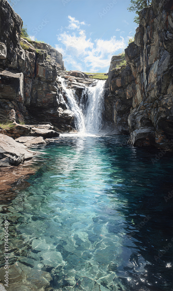 Naklejka premium Scenic waterfall cascading through rugged rocks into a pristine pool serene nature landscape with clear turquoise water flowing downstream surrounded by rock formations idyllic