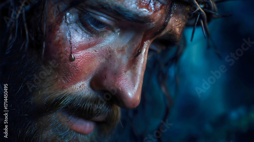 The agony of Jesus Christ in the Garden of Gethsemane, a close-up of a suffering face with a crown of thorns and a tear of blood, a bible story of prayer, sacrifice, pain and divine sorrow.

