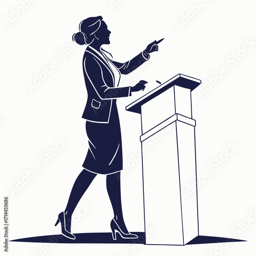 Silhouette of a confident businesswoman in a suit standing at a podium gesturing with her finger while speaking to an audience during a presentation or debate