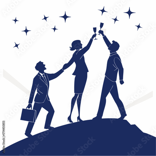 Three diverse business professionals in silhouette celebrating success with champagne toasts atop a mountain peak under a starry night sky symbolizing achievement and victory