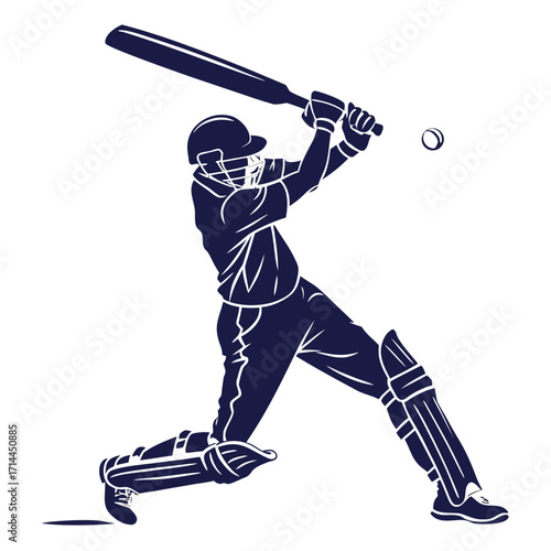 Dynamic silhouette of a cricket batsman in full swing powerfully hitting the ball with a wooden bat wearing protective gear including helmet and pads showcasing athletic action and sport