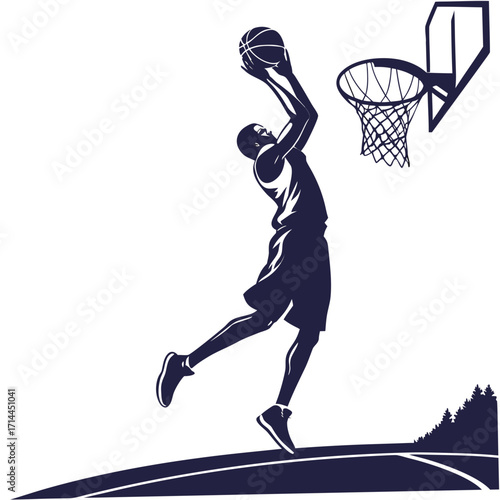 Dynamic silhouette of a basketball player in mid air leaping towards the hoop to score a slam dunk with a stylized outdoor court and trees in the background